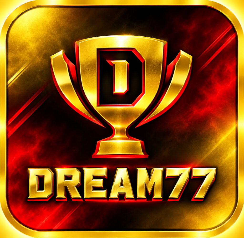 Dream77 golden trophy logo with red and black background